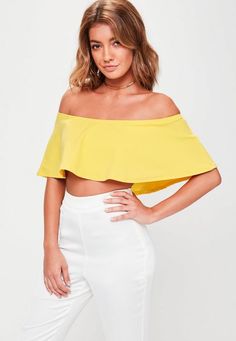 A bardot style crop top in a bright yellow shade, frill overlay and stretch crepe fabric. Bardot Crop Top, Bardot Style, Tops For Ladies, Style Crop Top, Cami Crop Top, Stretch Crepe, Shades Of Yellow, Crepe Fabric, Bright Yellow