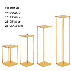 three gold metal stands with one shelf on each side and the other in different sizes