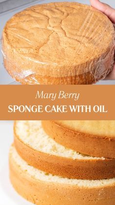 there is a cake that has been sliced and put on the table with words mary berry sponge cake with oil