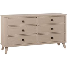 a white dresser with six drawers and two handles on the bottom, in front of a white background