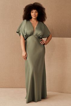 Timelessly elegant, the BHLDN Leila Deep-V Flutter-Sleeve Satin A-Line Gown pairs a gracefully draped bodice with soft sleeves and a flowy skirt. A daring plunge neckline completes the look. | Leila Deep-V Flutter-Sleeve Satin A-Line Gown by BHLDN in Green, Women's, Size: 0, Polyester/Satin at Anthropologie Plus Size Bridesmaid Dresses, Bhldn Bridesmaid, Womens Bridesmaid Dresses, Charmeuse Dress, Draped Bodice, Wedding Top, Bridesmaid Dresses Plus Size, Plunge Neckline, Satin Color