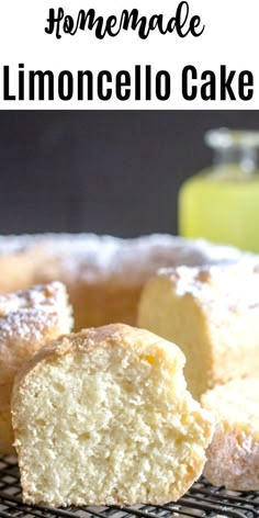 a close up of a bundt cake on a cooling rack with lemonade in the background