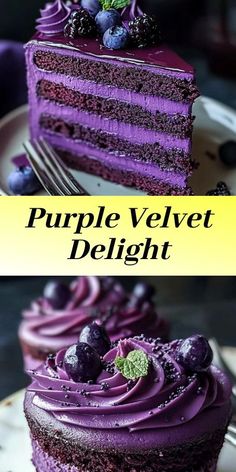 the purple velvet cake is topped with fresh blueberries