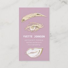 a business card with gold eyelashes and lips on pink marble background, featuring the words'eye