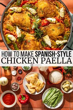 how to make spanish - style chicken paella with fresh vegetables and sauces on the side