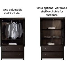 an image of two wardrobes with clothes on the shelves and one shelf containing shirts