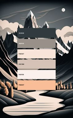 a poster with mountains and trees in the background, which has different colors to choose from