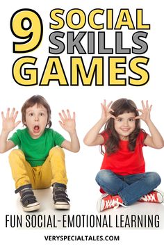 two young children sitting on the floor with their hands up in front of them and text that reads 9 social skills games for kids