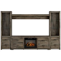 the entertainment center with fireplace and shelves is shown in grey wood, including an open fire place