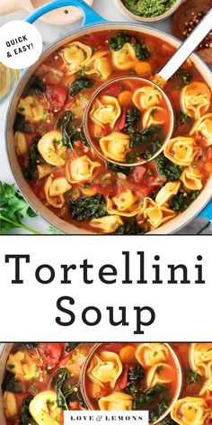 tortellini soup with spinach and tomatoes in a pot