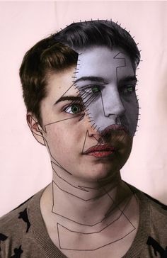 a woman's face with lines drawn on it and the image of a man's face