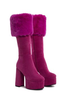 cuz you take them by surprise. These platform boots have a faux suede construction with faux fur trim, platform soles, and a side zipper closure. Dolls Kill Platform Boots, Y2k Platform Heels, Snooki Fur Boots, Rainbow Platform Boots, Winter High Heel Platform Boots, How To Style Platform Boots, Maxi Dress Boots, Cool Shoes Women, Buffalo Platforms