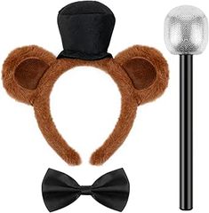 a hat, bow tie and headband for a mouse ears costume with a microphone