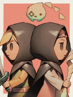 two people in hooded clothing holding knives and looking at each other with an emote behind them