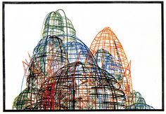 an artistic drawing of three large buildings made out of scribbles