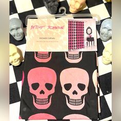 New Betsy Johnson Pink Skulls Shower Curtain 70” X 72” Machine Washable Skull Shower Curtain, Butterfly Shower Curtain, Skull Rug, Halloween Shower Curtain, Plastic Shower Curtain, Skull Fabric, Garden Shower, White Shower Curtain, Purple Halloween