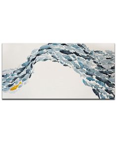 an abstract painting with blue and white waves on the bottom, yellow fish in the middle