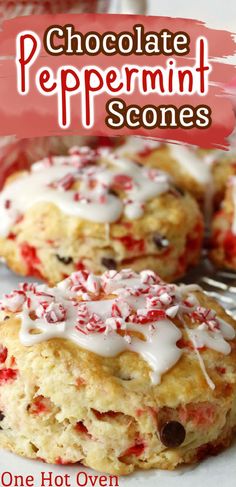 Chocolate chip pepperint scones with white icing and peppermint chips on top. Peppermint Scones Recipe, Red Velvet Scones, Christmas Scones Recipe Easy, Holiday Scones Recipe, Christmas Scones Holidays, Peppermint Biscotti Recipe, Christmas Scones Recipe, Scones Christmas, Peppermint Muffins