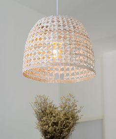 a white light hanging from a ceiling over a vase with flowers in it and a potted plant on the table