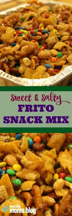 sweet and salty frito snack mix in a pie pan with the words, sweet and salty frito snack mix