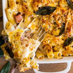 a casserole dish with pasta, cheese and spinach