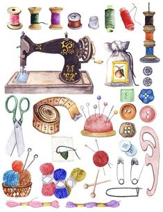 a watercolor drawing of sewing supplies and thread on a white background with scissors, spools