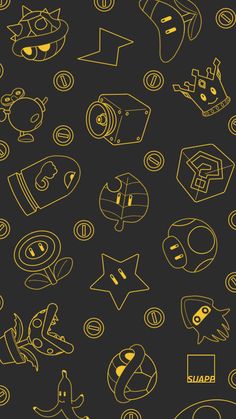 a black and yellow wallpaper with different types of symbols on it's surface