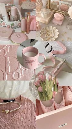 a collage of photos with pink items and flowers on the table in front of them