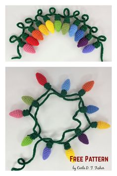 crocheted christmas lights are shown in two different colors