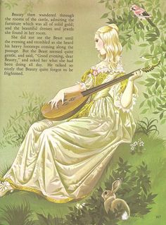 a painting of a woman sitting on top of a grass covered field holding a guitar