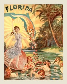 an old florida postcard with a woman in the water and other people around it