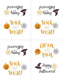 four halloween stickers with pumpkins and words