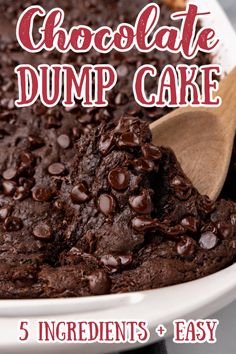 chocolate dump cake in a white bowl with a wooden spoon and text overlay that reads, chocolate dump cake 5 ingredients + easy