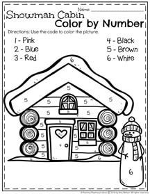 the snowman cabin color by number worksheet is shown in black and white