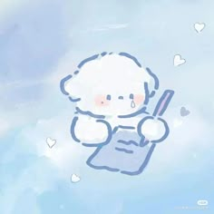 a drawing of a teddy bear holding a pen and paper in its hand with hearts floating around