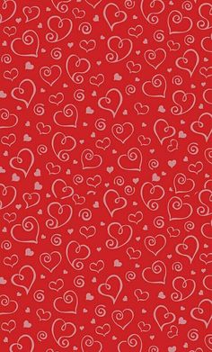 a red background with white hearts and swirls on the bottom, in different sizes