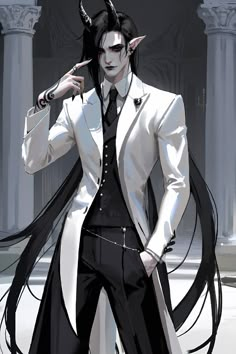 a male anime character with long black hair and horns on his head, wearing a white suit