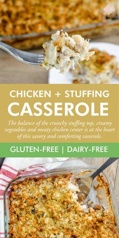 chicken and stuffing casserole with text overlay