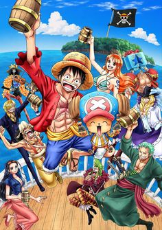 one piece characters are dancing on the deck with their arms in the air, while other people