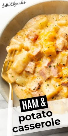 ham and potato casserole in a bowl with a spoon