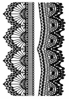 an intricate lace pattern is shown in black and white, with the edge cut out