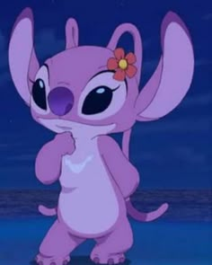 a cartoon character with big eyes and a flower in her hair standing on one leg