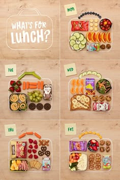 four pictures showing different types of lunches in plastic containers with the words what's for lunch? written on them