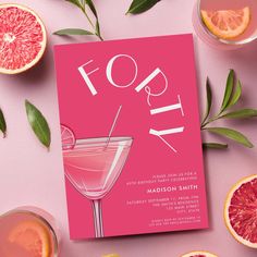 a pink cocktail party flyer with grapefruits and orange slices on the side