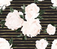 white flowers on black and gold striped background