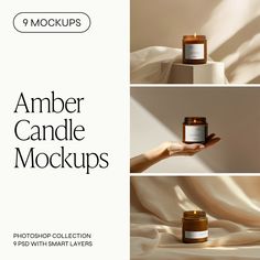 a hand holding a jar of candle mockup on top of a white sheet with the words, amber candle mockups