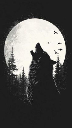 a wolf howling at the moon with trees in the background