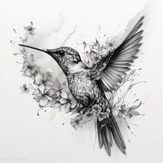 Hummingbird Spirit Animal Black and White Tattoo Idea Delicate Line Art created by Shaman Says from Shamanichelp.com Hummingbird Tattoo Black, Hummingbird Sketch, Hummingbird Flower Tattoos, Animal Black And White, Black And White Tattoo, Hummingbird In Flight, Sister Tattoo Designs, Wing Tattoo Designs, Clever Tattoos