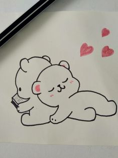 a drawing of a teddy bear laying on its back with hearts coming out of it