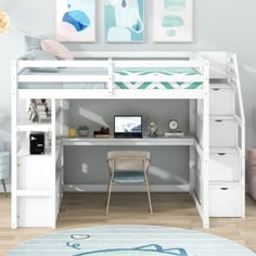 a white loft bed with desk underneath it